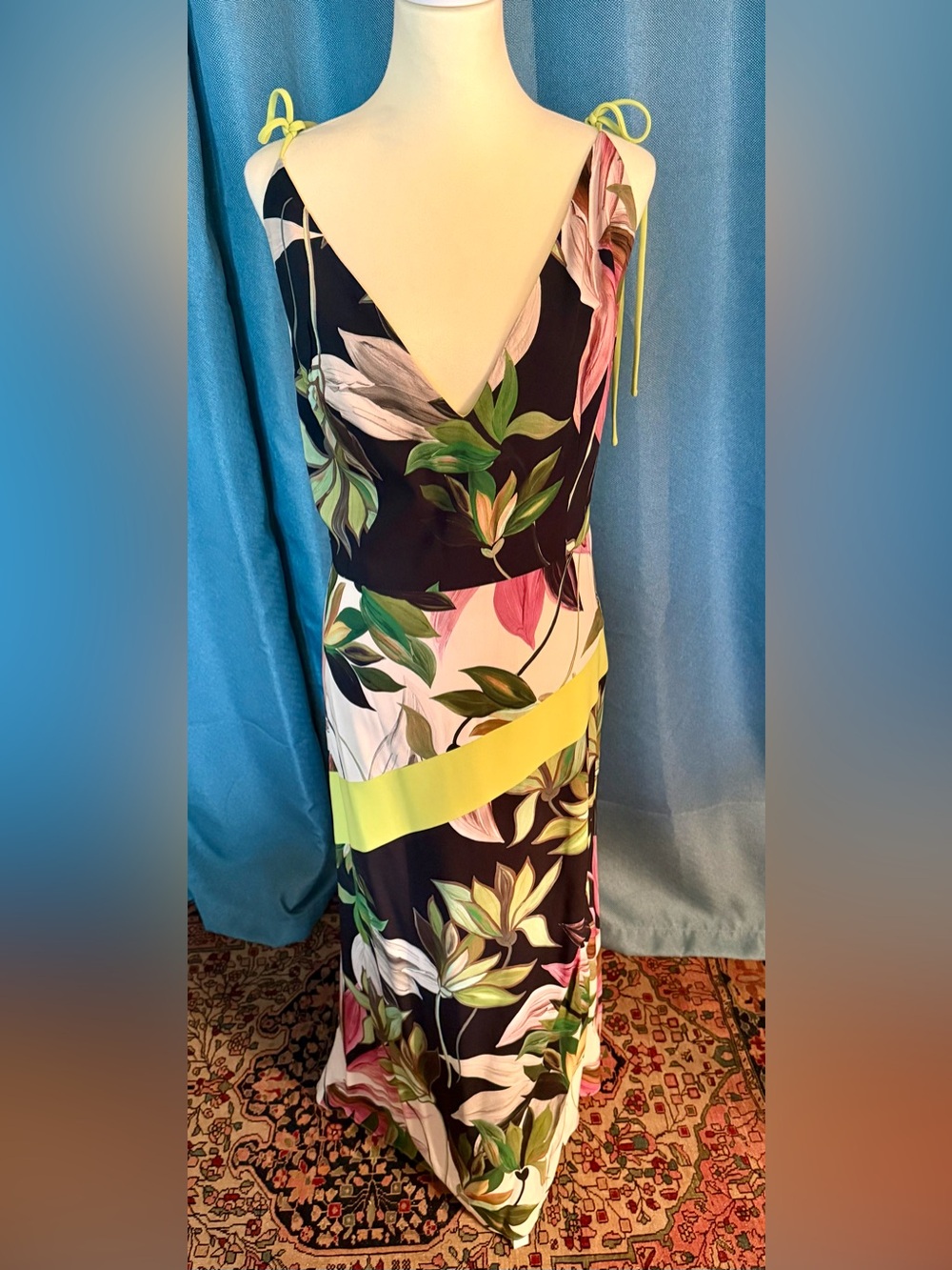 Christian Siriano Black Tropical Maxi Dress w/ Neon Green Accent & Shoulder Ties
